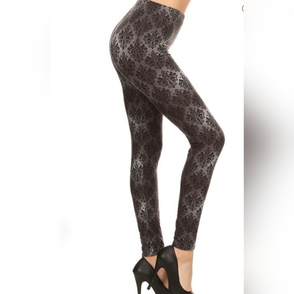 LEGGINGS DEPOT Demask Black Silver Grey Full Length Leggings Size 12 NWT